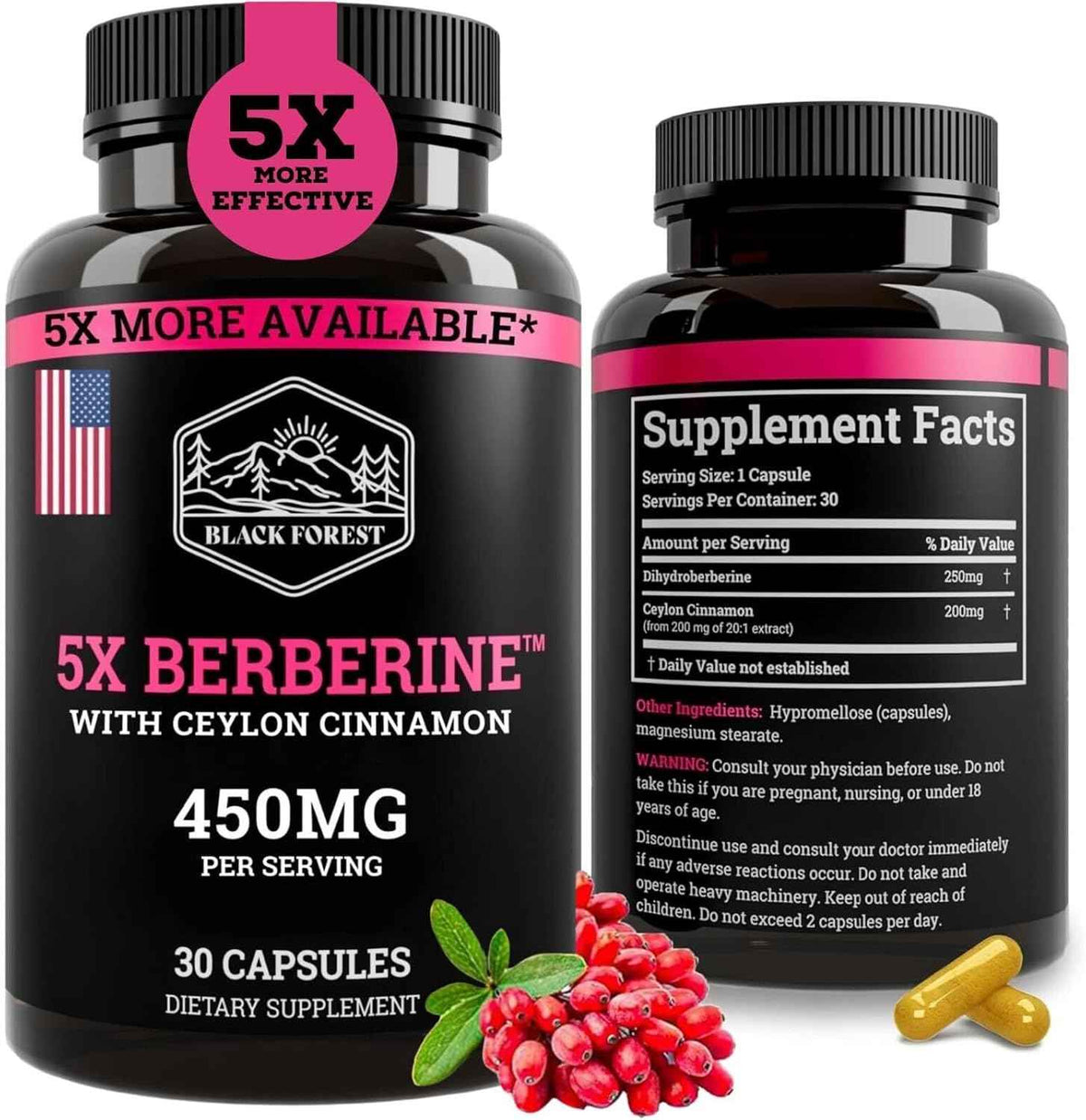 Black Forest 5X Berberine a Dihydroberberine Supplement (Super Berberine Now 5X More Effective Than Regular Berberine HCL) Best Dihydroberberine with Ceylon Cinnamon - Similar to Berberine Phytosome