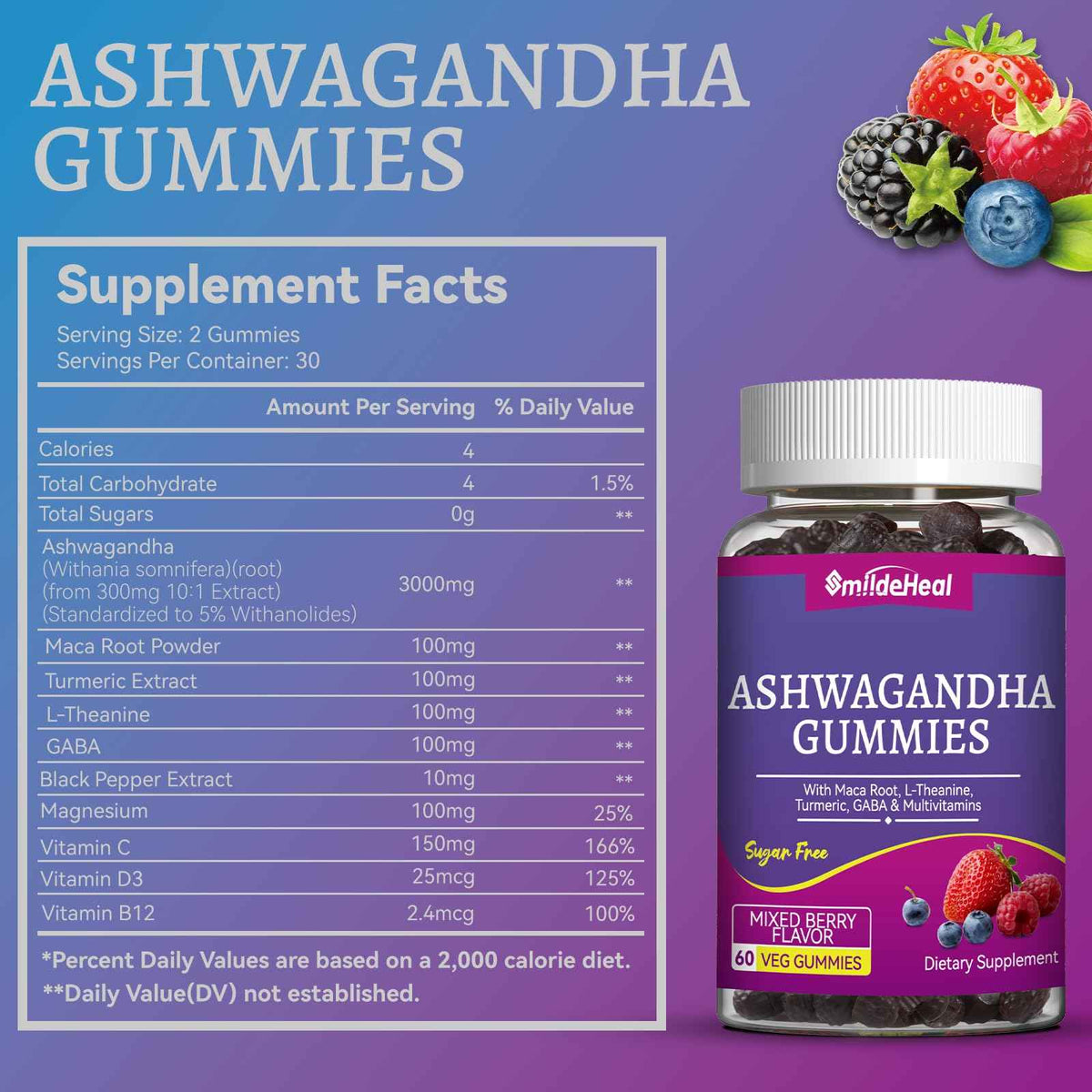 Ashwagandha Gummies 3000mg for Calm & Stress Relief, 60 Count, Vegan - Ashwagandha High Strength Root Extract Supplement with L-Theanine, Trumeric, D3 for Women & Men - Natural Mixed Berry Flavor