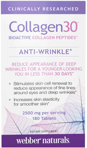 Webber Naturals Collagen 30 Anti-Wrinkle, 2,500mg of Bioactive Collagen Peptides Per Serving (3 Tablets), 180 Tablets