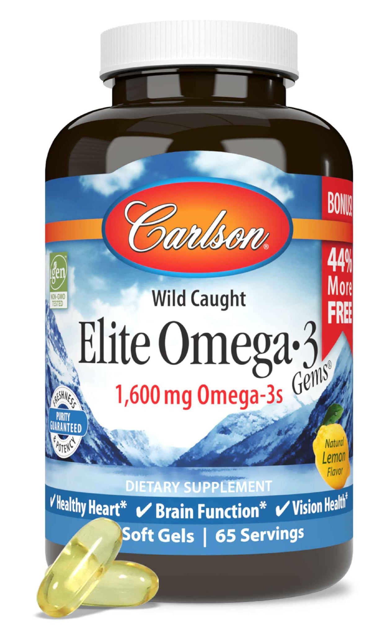 Carlson - Elite Omega-3 Gems, 1600 mg Omega-3 Fatty Acids Including EPA and DHA, Norwegian, Wild-Caught Fish Oil Supplement, Sustainably Sourced Omega