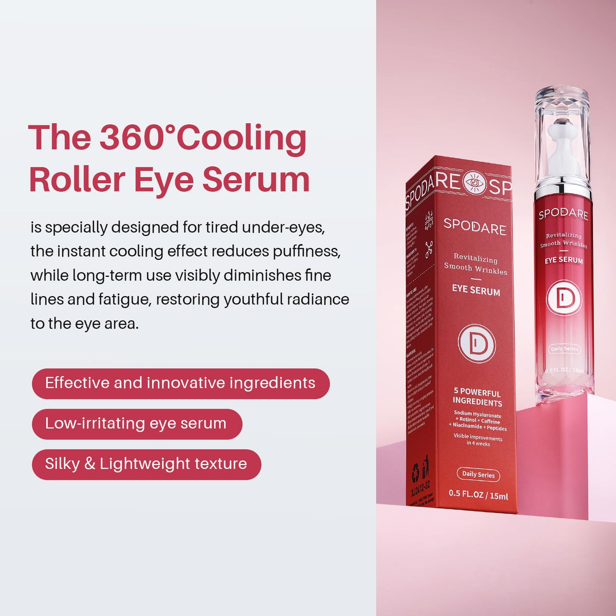SPODARE Caffeine & Retinol Eye Serum with 360° Massage Ball - Under Eye Roller for Dark Circles, Puffiness & Wrinkles (0.5 fl. oz.)