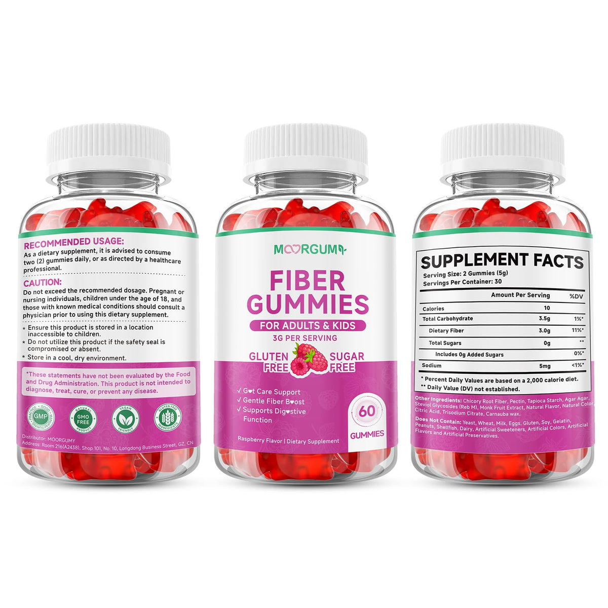 MOORGUMY Fiber Gummies for Digestive Health & Regularity, Sugar-Free High Fiber Supplement for Adults & Kids, Soluble Dietary Fiber, Vegan Fiber Supplements for Men & Women, 60 Count