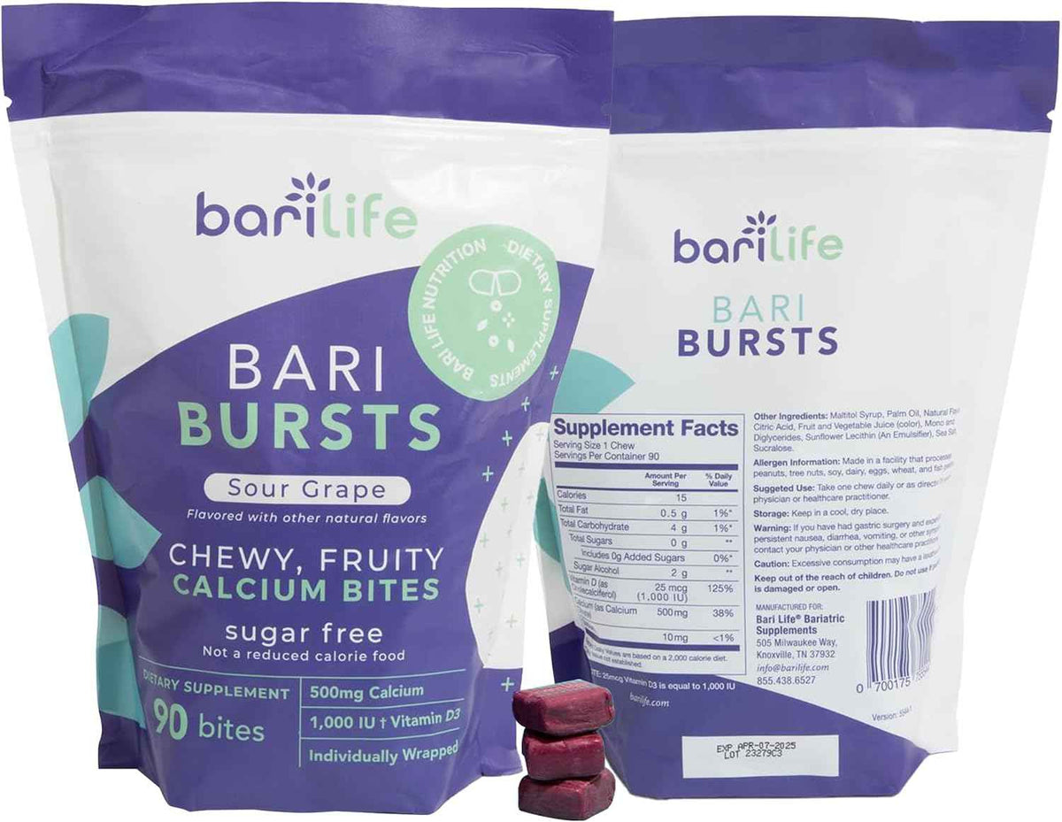 Calcium Citrate Bariatric Calcium Chews with 1000 IU Vitamin D3 - Ideal for Bariatric Patients - BariBurst by Bari Life (Sour Grape)
