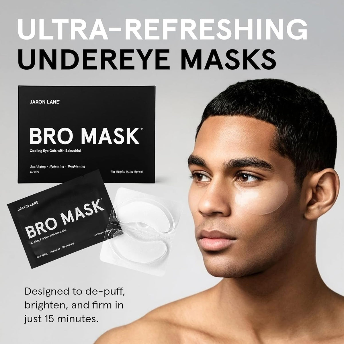 BRO MASK Under Eye Patches for Men - Hydrogel (6 Individual Packs)