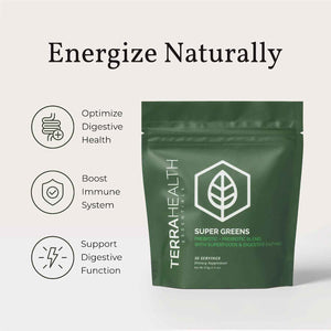 Terra Health Essentials Super Greens - Organic Superfood Greens Powder - Gluten-Free Gut-Friendly Probiotics - 30 Servings