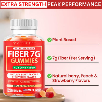 VITBOOST Prebiotic Fiber Gummies 7g – 120 Count – No Sugar Added, Vegan, Pectin-Based (No Gelatin), Non-GMO, Made in USA – Digestive & Gut Health Support
