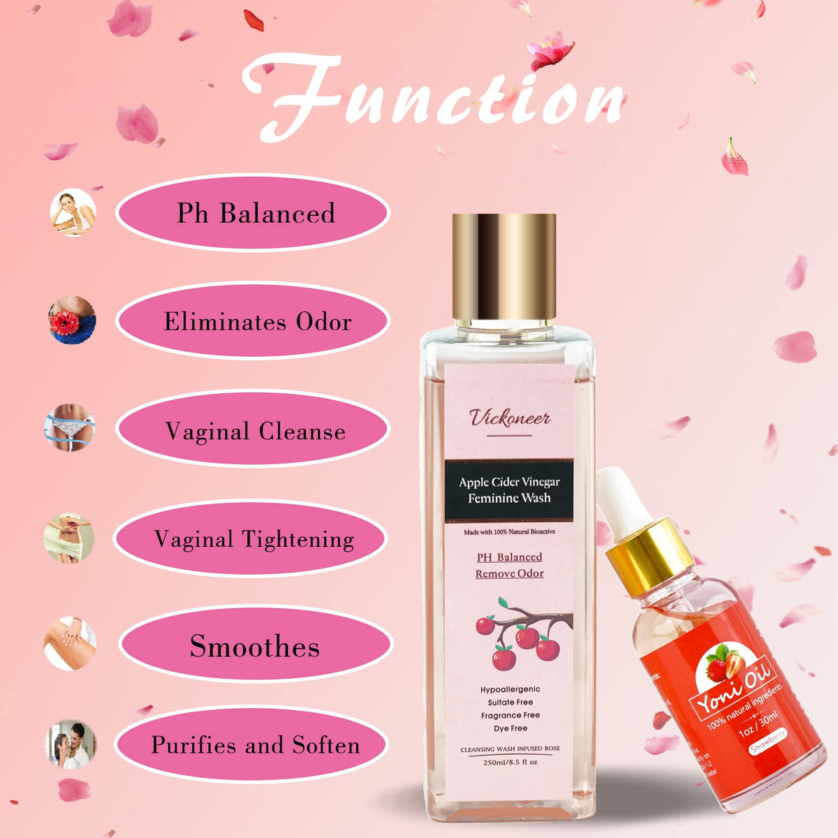Vickoneer Yoni Wash for Women & Yoni Essential Oil, Intimate Feminine Wash Yoni Care