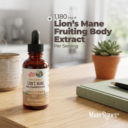 MARYRUTH'S Lions Mane Mushroom Supplement - Nootropic USDA Organic Lions Mane Extract 1,180mg - Nervine Herbal Liquid Drops - Brain Health - Focus & Memory - Non-GMO - Vegan - Alcohol Free - 1 Fl Oz