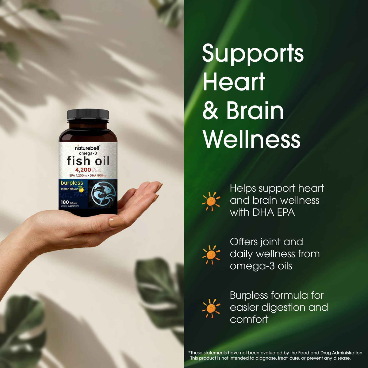 NatureBell Omega-3 Fish Oil - 180 Softgels - Support for Joint, Brain & Heart Health* - with EPA & DHA - No Burps or Fishy Aftertaste - Non-GMO