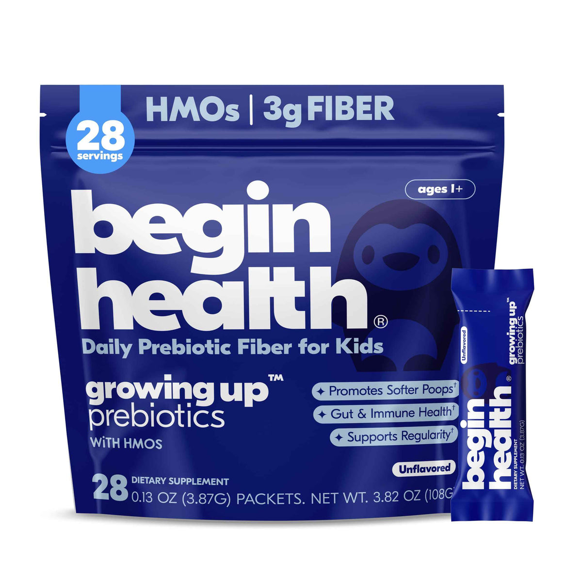 Begin Health Growing Up Prebiotics for Kids 28-Packs - Prebiotic Soluble Powder Stool Softeners and Digestive Gut Health Supplement - Ideal to Mix with Kids Daily