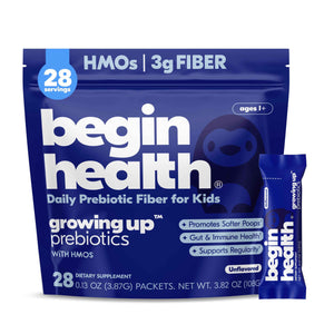 Begin Health Growing Up Prebiotics for Kids 28-Packs - Prebiotic Soluble Powder Stool Softeners and Digestive Gut Health Supplement - Ideal to Mix with Kids Daily