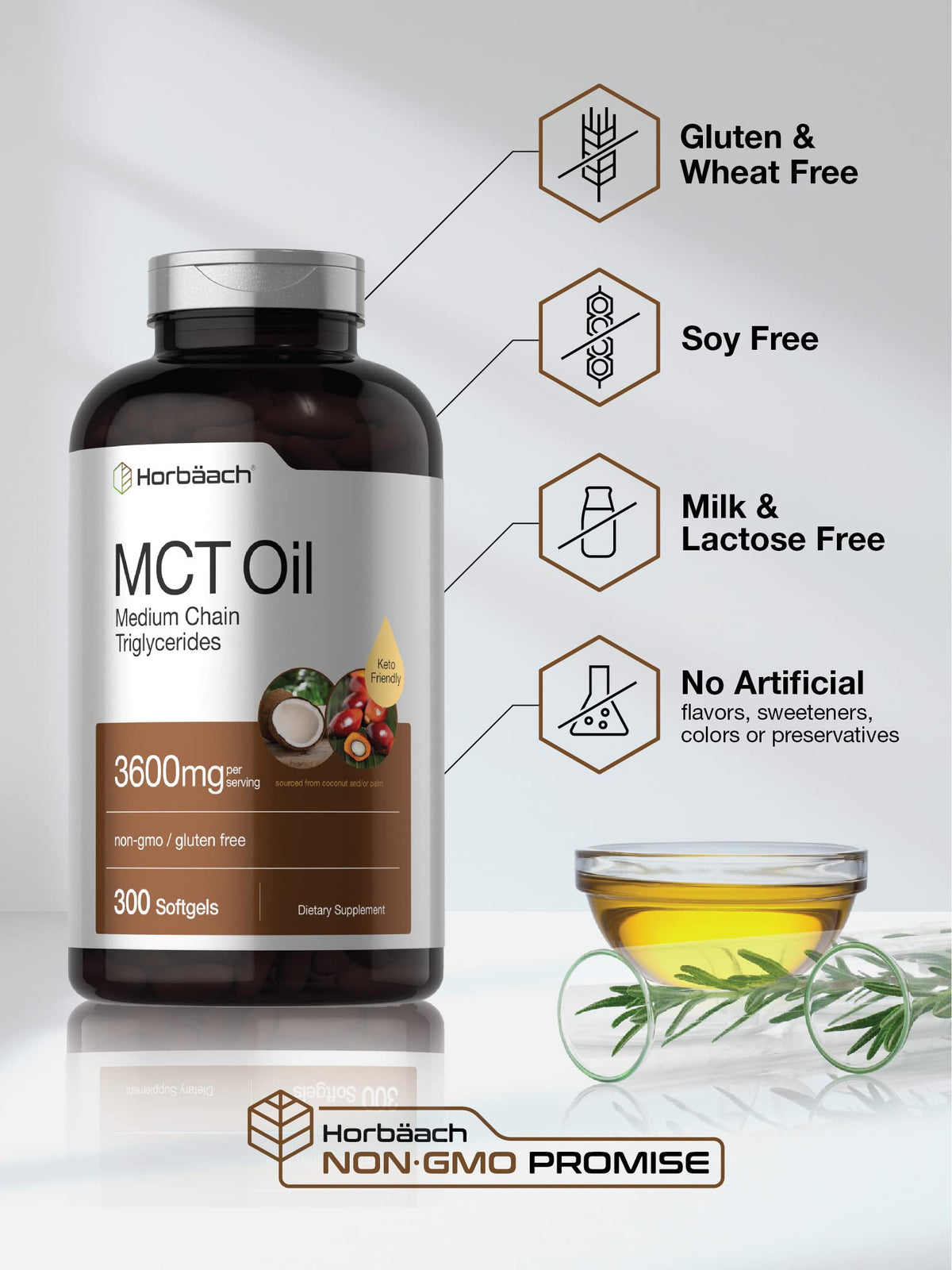 Horbäach MCT Oil Supplement | 3600mg | 300 Softgels