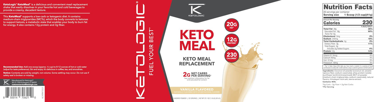 KetoLogic Keto Meal Replacement Shake Powder (Vanilla) 20 Servings
