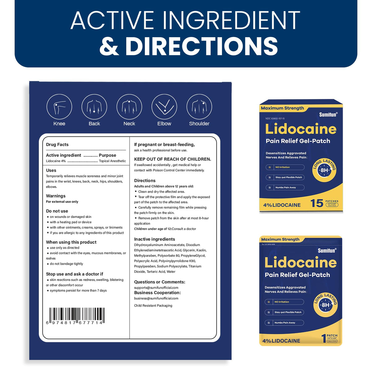 Sumifun 4% Lidocaine Pain Relief Patches 15 Counts Maximum Strength Numbing Gel Patch for Back Knee Neck Joint Ache Muscle Soreness Topical Analgesic