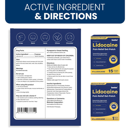 Sumifun 4% Lidocaine Pain Relief Patches 15 Counts Maximum Strength Numbing Gel Patch for Back Knee Neck Joint Ache Muscle Soreness Topical Analgesic