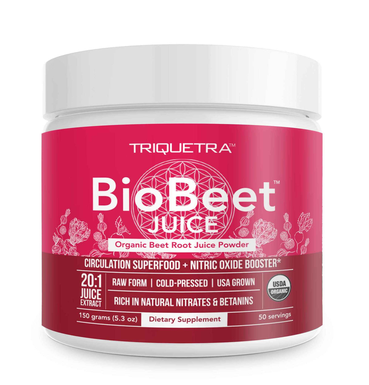 BioBeet Max Strength Beet Root Juice Powder - 20:1 Concentrate, Each Serving Derived from 60,000 mg Organic Beetroot - Cold-Pressed, USA Grown - Nitric Oxide, Circulation Support - 50 Servings