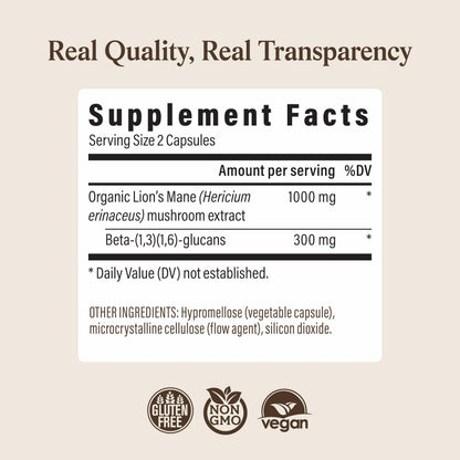 Real Mushrooms Lions Mane Mushroom Cognition (120 Capsules) Lions Mane Mushroom Powder Extract Capsules - Brain Supplement, Brain Vitamins, Focus Supplement