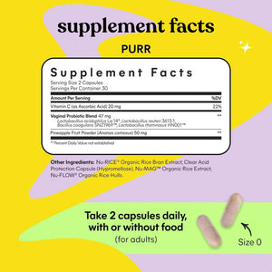 Lemme Purr Vaginal Probiotics for Women - Promotes pH Balance, Healthy Vaginal Odor & Urinary Tract Health w/Lactobacillus Blend, Clinically Tested Strains, Pineapple & Vitamin C - 60 Veggie Capsules