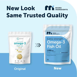 Micro Ingredients Extra Strength* Omega-3 Fish Oil Supplements 1,000mg Per Serving, 300 Softgels - Lemon Flavored - Burpless - EPA 180mg + DHA 120mg - Deep Sea Fish