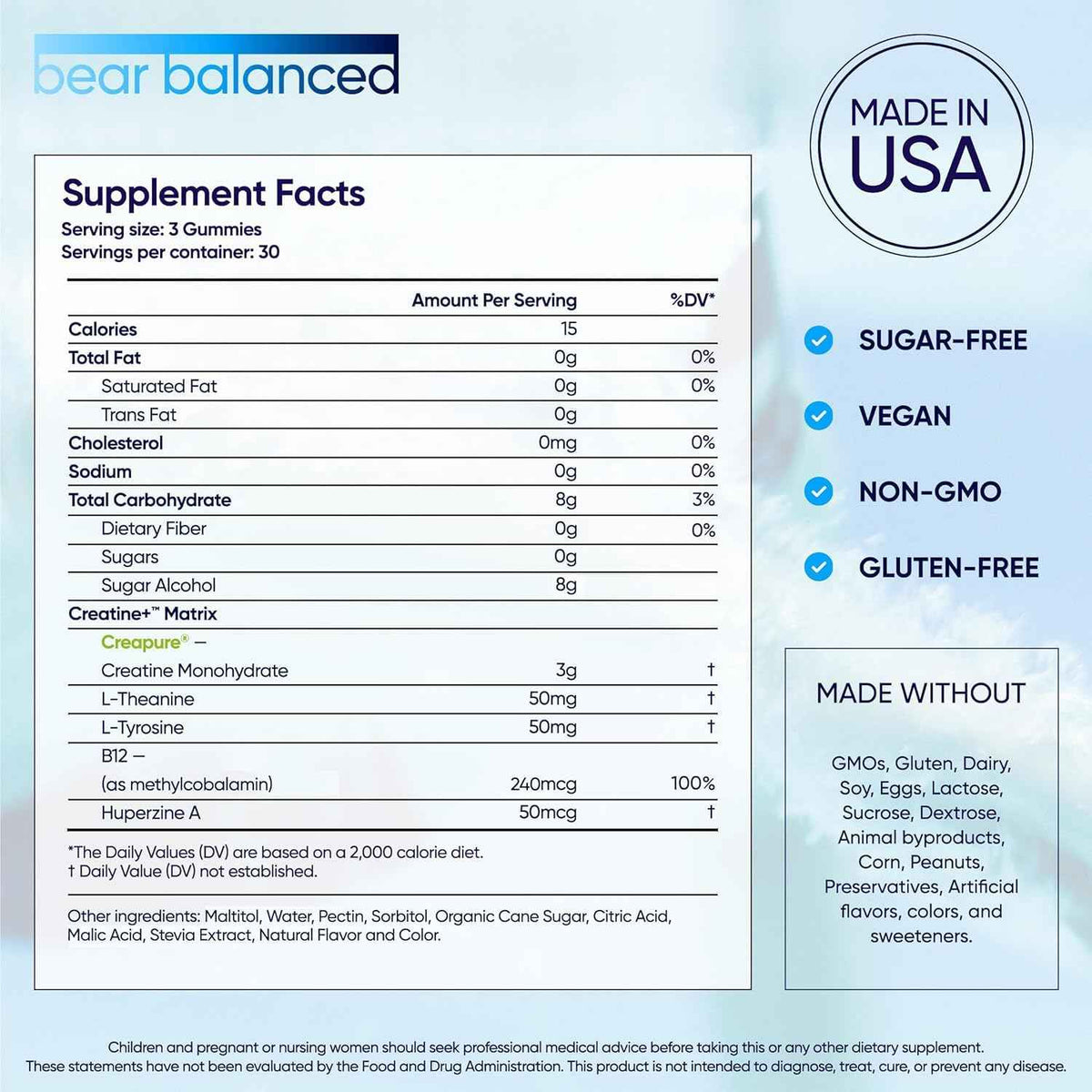 Bear Balanced Creatine Gummies for Men & Women - Creapure Creatine Monohydrate, L-Theanine, L-Tyrosine & B12 for Muscle Growth, Strength, Focus, Energy & Health
