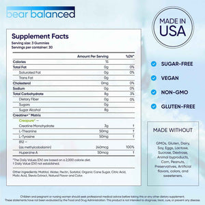 Bear Balanced Creatine Gummies for Men & Women - Creapure Creatine Monohydrate, L-Theanine, L-Tyrosine & B12 for Muscle Growth, Strength, Focus, Energy & Health
