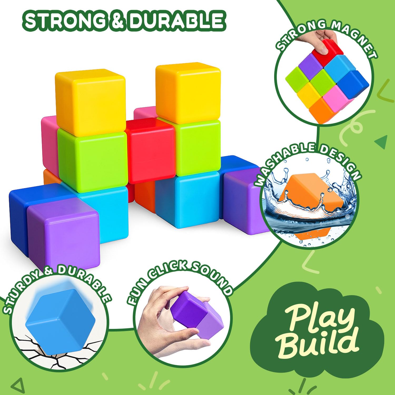 Pairez Toys Magnetic Blocks, Large Magnetic Building Blocks for Toddlers, 1.65 Inch 3D Magnet Cubes in 8 Colors, Montessori & Sensory Stacking Toy Gift for Kids Ages 1-3 (16PCS)
