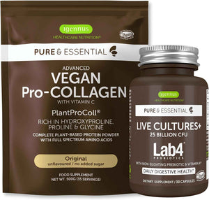 Pure & Essential Vegan Collagen Peptide Protein Powder + Live Cultures+ Lab4 Probiotics Vegan Bundle, Collagen Boosting Formula + 25 Billion CFU Lactobacillus Acidophilus & Bifidobacterium, by Igennus