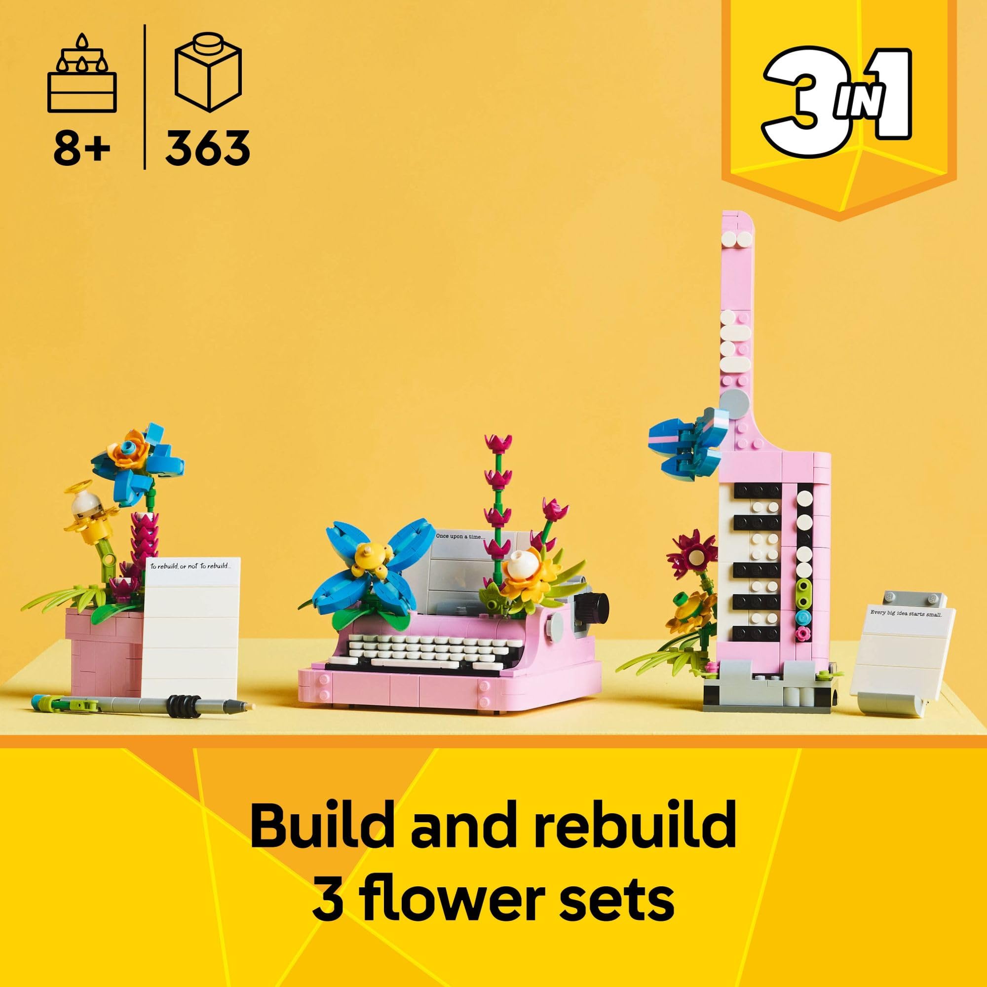 LEGO Creator 3 in 1 Typewriter with Flowers - Building Toy with 3 Building Options, Typewriter, Flowerpot with Pen & Notebook, or Keytar - Gift Idea for Birthdays - 31169