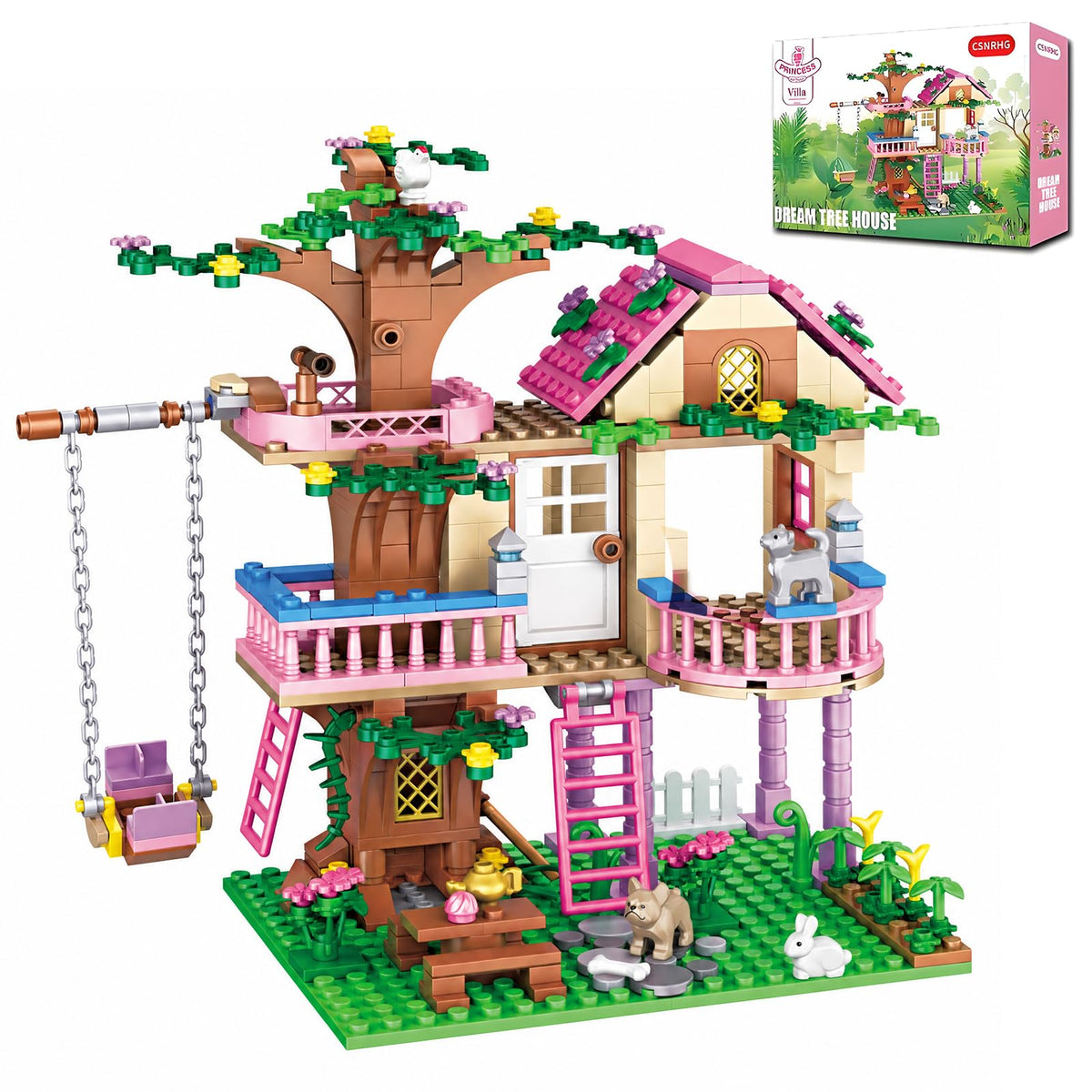 CSNRHG Tree House Building Set Multi Level Forest House Swing Animal Figure