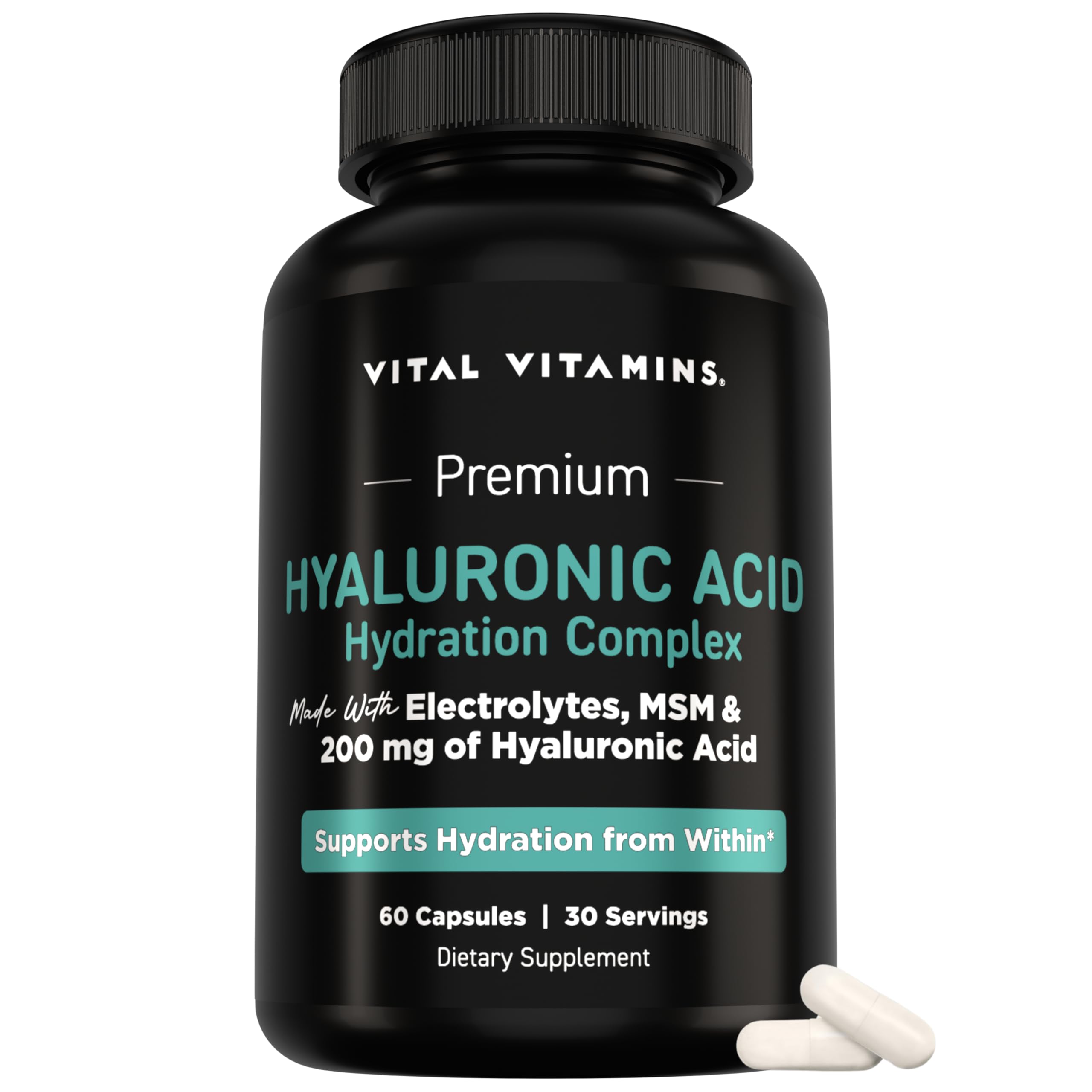 Vital Vitamins Hyaluronic Acid Supplements, 60 Capsules - 200mg Low Molecular Weight HA, Supports Skin Hydration, Elasticity & Joint Comfort, Vegan & Non-GMO