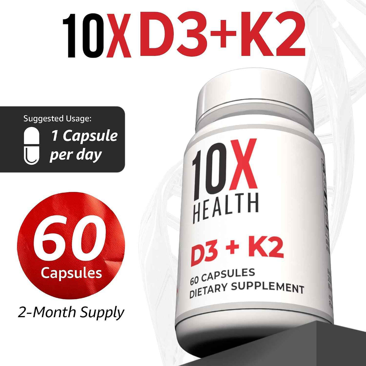 10X Health Vitamin D3 K2-60 Capsules - Vitamin K2 Mk7: 5000 IU Vitamin D3, Bone, Heart & Teeth Support, 60 Capsules