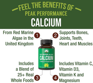 Plant Based Calcium - Red Marine Algae Calcium Supplement with Vitamin C, D3, K, Magnesium, and Whole Food Vegetable Blend. Vegan Capsules for Bones and Joints. 120 Pills, Tablets