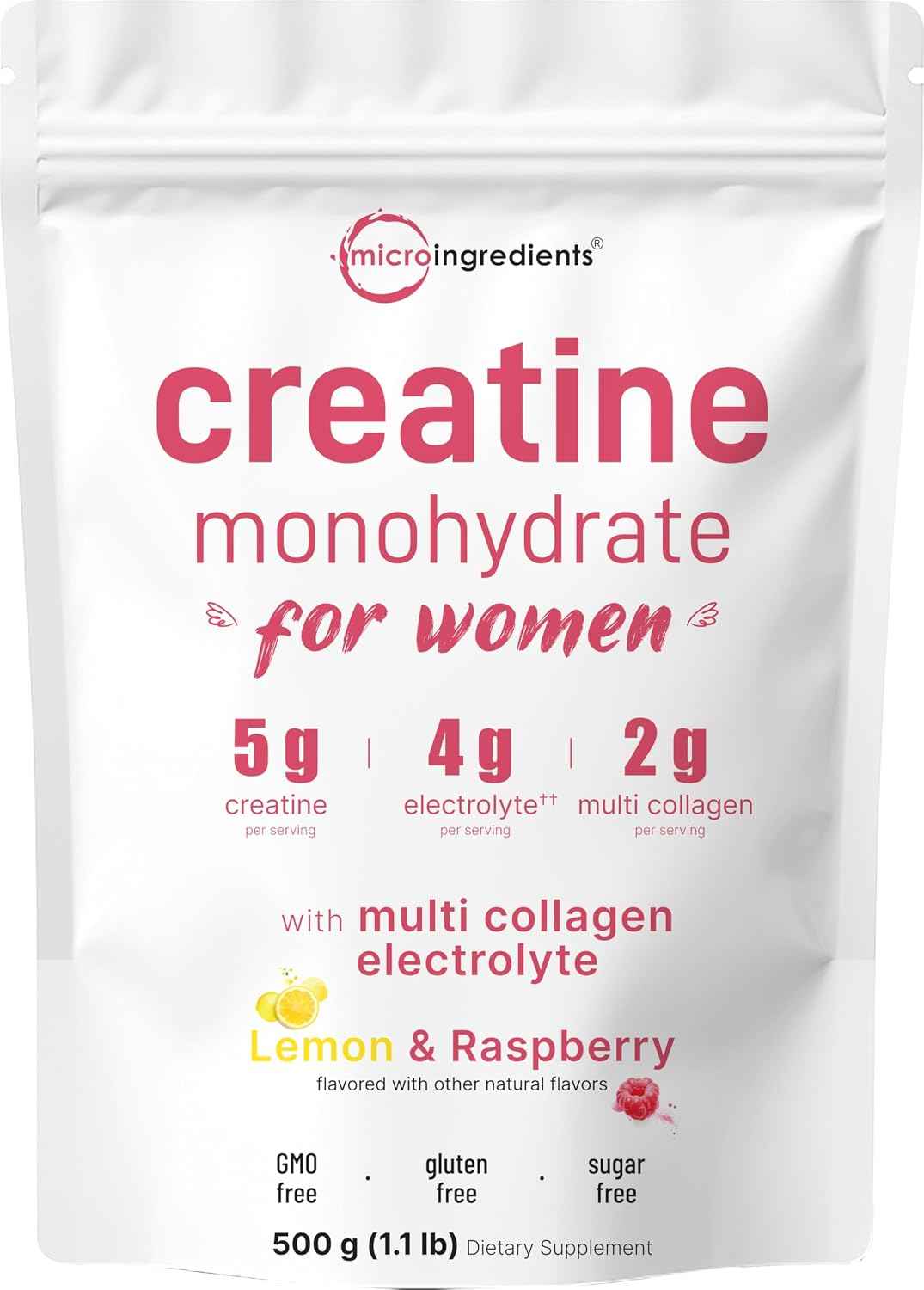Micro Ingredients Creatine + Electrolytes + Multi Collagen for Women - 5,000mg Micronized Creatine Monohydrate Powder Complex - Creatine Hydration Drink Mix - Lemon Raspberry - Sugar-Free, Non-GMO