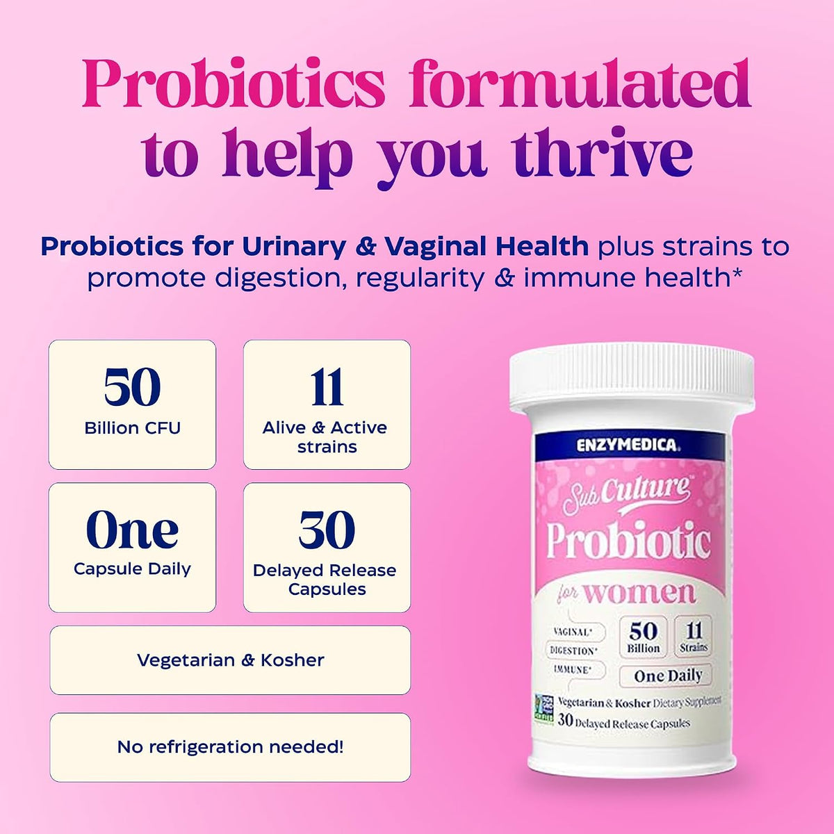 Enzymedica SubCulture Women's Probiotic, 50B CFU, Gut Support, 30 Caps - Helps Maintain Healthy Vaginal Flora & Urinary Tract Balance