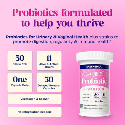 Enzymedica SubCulture Women's Probiotic, 50B CFU, Gut Support, 30 Caps - Helps Maintain Healthy Vaginal Flora & Urinary Tract Balance