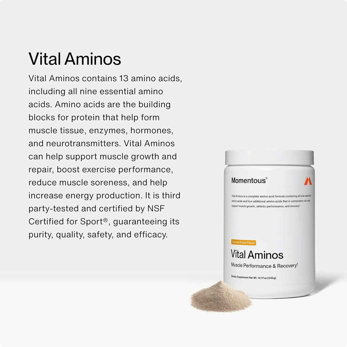 Momentous Vital Aminos Powder Supplement - BCAA & EAA - Tropical Punch - NSF Certified for Sport - GMO- & Gluten-Free - 30 Servings - Package May Vary