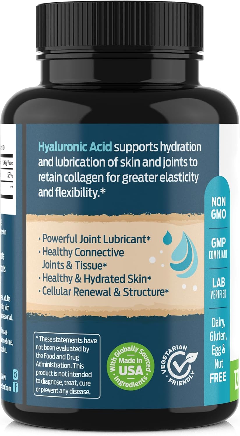 ForestLeaf Hyaluronic Acid Supplements - 100mg High Bioavailable Dietary Hyaluronic Acid Powder Capsules + 50mg VIT C - Supports Skin Hydration, Joint Lubrication, Anti-Aging, Hair & Nails - 120 Caps
