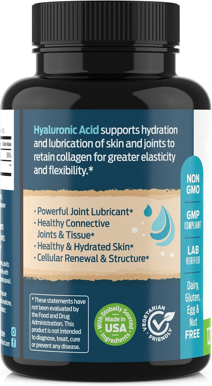 ForestLeaf Hyaluronic Acid Supplements - 100mg High Bioavailable Dietary Hyaluronic Acid Powder Capsules + 50mg VIT C - Supports Skin Hydration, Joint Lubrication, Anti-Aging, Hair & Nails - 120 Caps