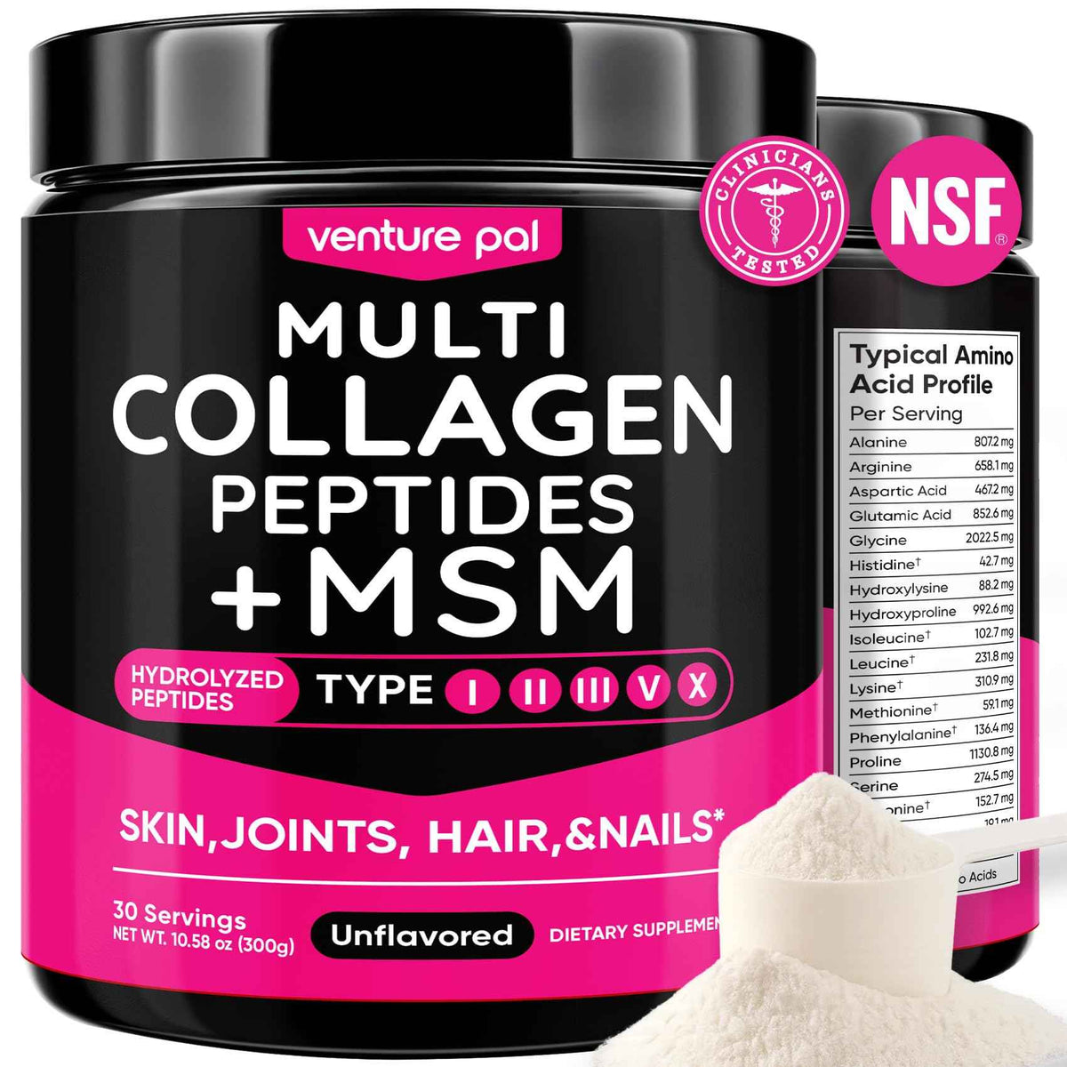 Venture Pal Multi Collagen Powder Type I, II, III, V, X - Hydrolyzed Collagen Peptides MSM, GC, Hyaluronic Acid Vitamin C - Collagen Supplement for Women