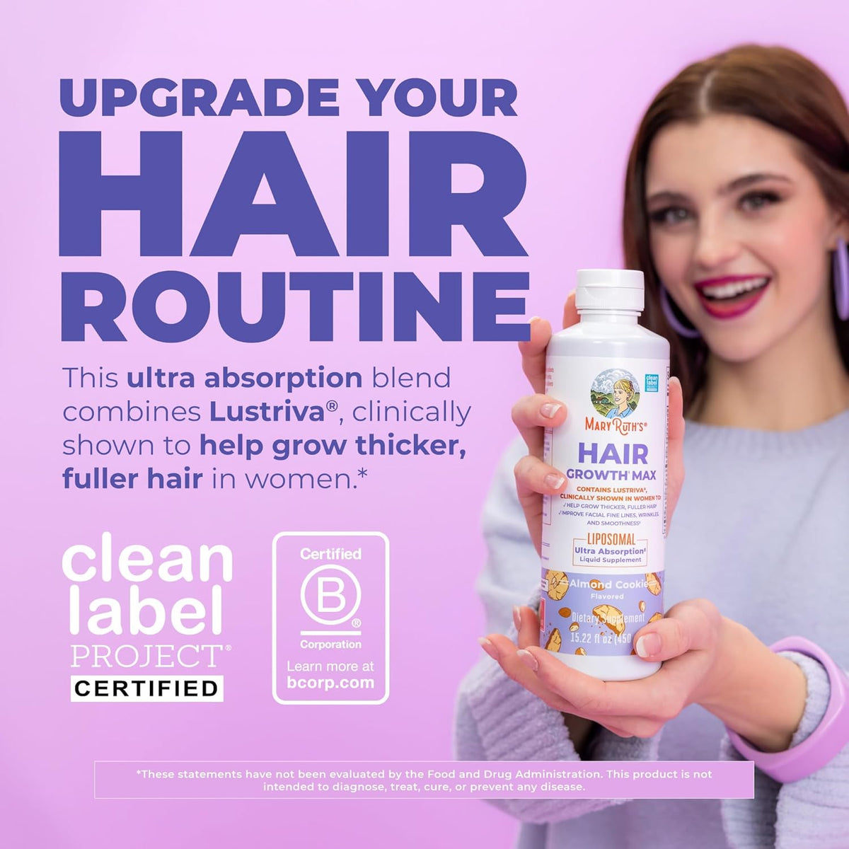 MaryRuth's Hair Growth Max Liposomal for Women - Lustriva + Biotin 10000mcg + Pumpkin Seed Oil - Thicker Hair - Hair Care - Wrinkles, Fine Lines, Skin Care - Ages 18+ - CLP Certified - 15.22 Fl Oz