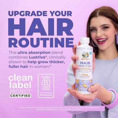 MaryRuth's Hair Growth Max Liposomal for Women - Lustriva + Biotin 10000mcg + Pumpkin Seed Oil - Thicker Hair - Hair Care - Wrinkles, Fine Lines, Skin Care - Ages 18+ - CLP Certified - 15.22 Fl Oz