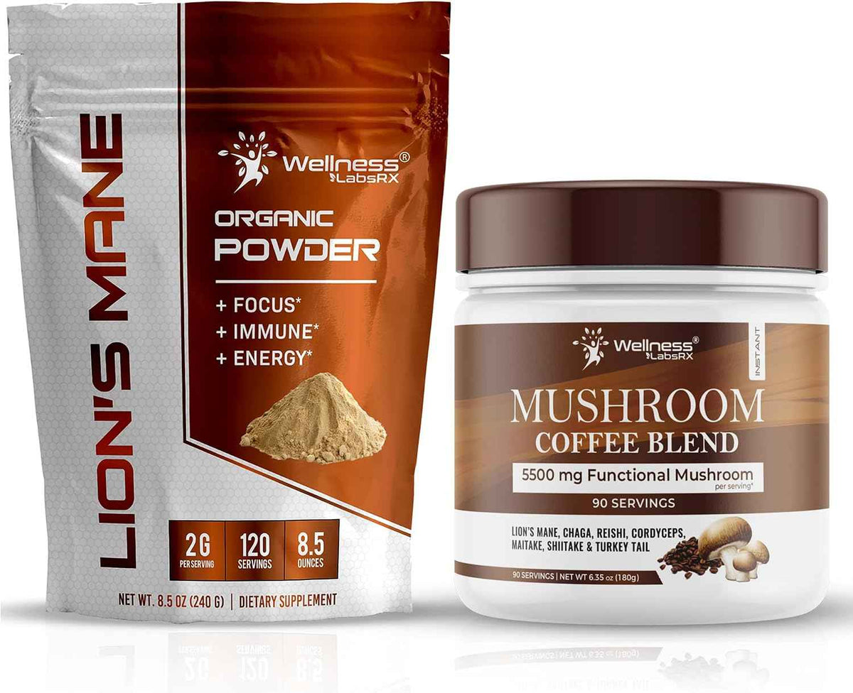 WELLNESS LABSRX Lions Mane Powder 2000mg - Mushroom Coffee Blend - Bundle