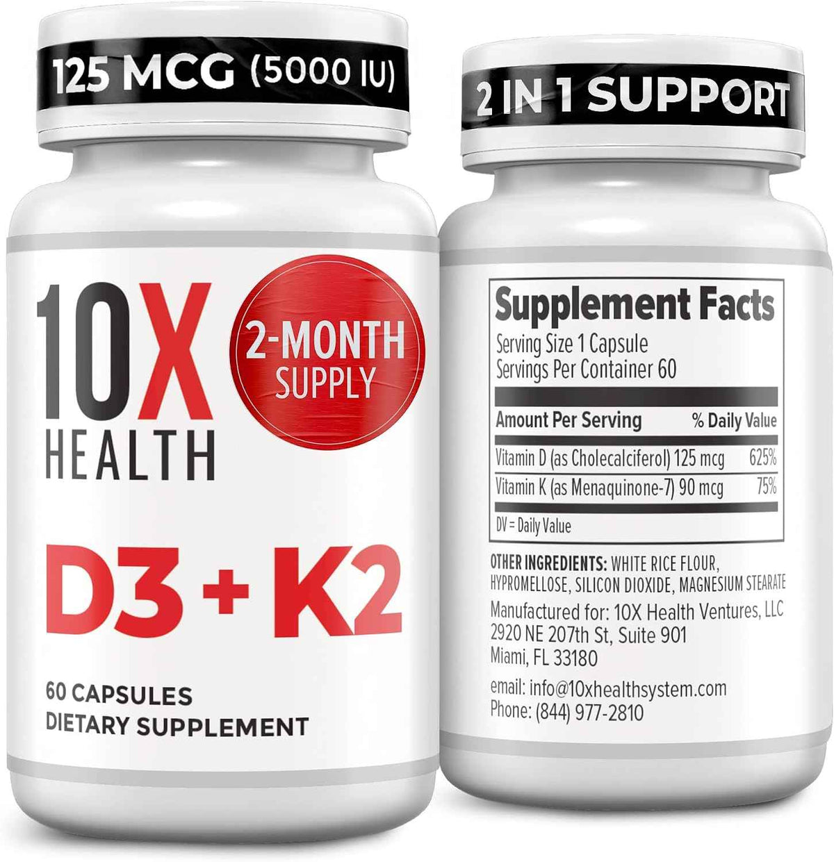 10X Health Vitamin D3 K2-60 Capsules - Vitamin K2 Mk7: 5000 IU Vitamin D3, Bone, Heart & Teeth Support, 60 Capsules