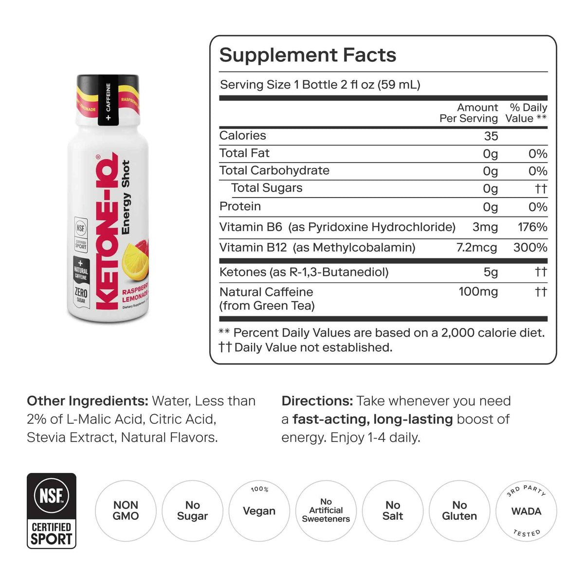 Ketone-IQ Exogenous Ketone Energy Shots with Caffeine - 12 Pack of Green Tea Caffeine Shots with 5g Bioidentical Ketones and B Vitamins - Fast Acting, On The Go Clean Energy Drink (Raspberry Lemonade)