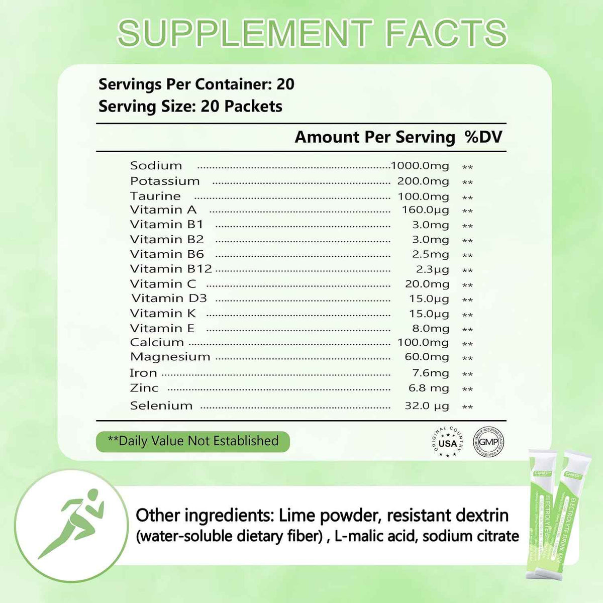 CANLIST Electrolyte Powder - Sugar Free Hydration Drink Mix with Sodium, Potassium, Magnesium - Vegan Friendly, Zero Calorie Electrolytes Supplement for Energy & Recovery (20 Stick Packets)