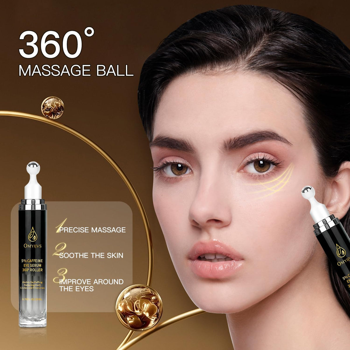 Caffeine Eye Serum with 360° Cooling Massage Roller (20ml) – Rapid Dark Circle & Puffiness Treatment | Anti-Aging Under Eye Brightener