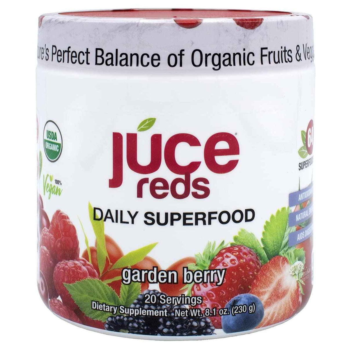 Terra Kai Organics JUCE Reds Organic Superfood Powder - Garden Berry Flavor - Fruit & Veggie Powder for Everyone w/64 Immune Boosting Superfood Plus Probiotics for Gut Health - 20 Servings (230g)