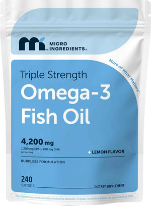 Micro Ingredients Triple Strength Omega-3 Fish Oil 4,200 mg Per Serving - EPA 1200mg + DHA 900mg Per Serving, Wild Caught Fish Source, Lemon-Flavored, 240 Softgels, Burpless, No Fishy Aftertaste.