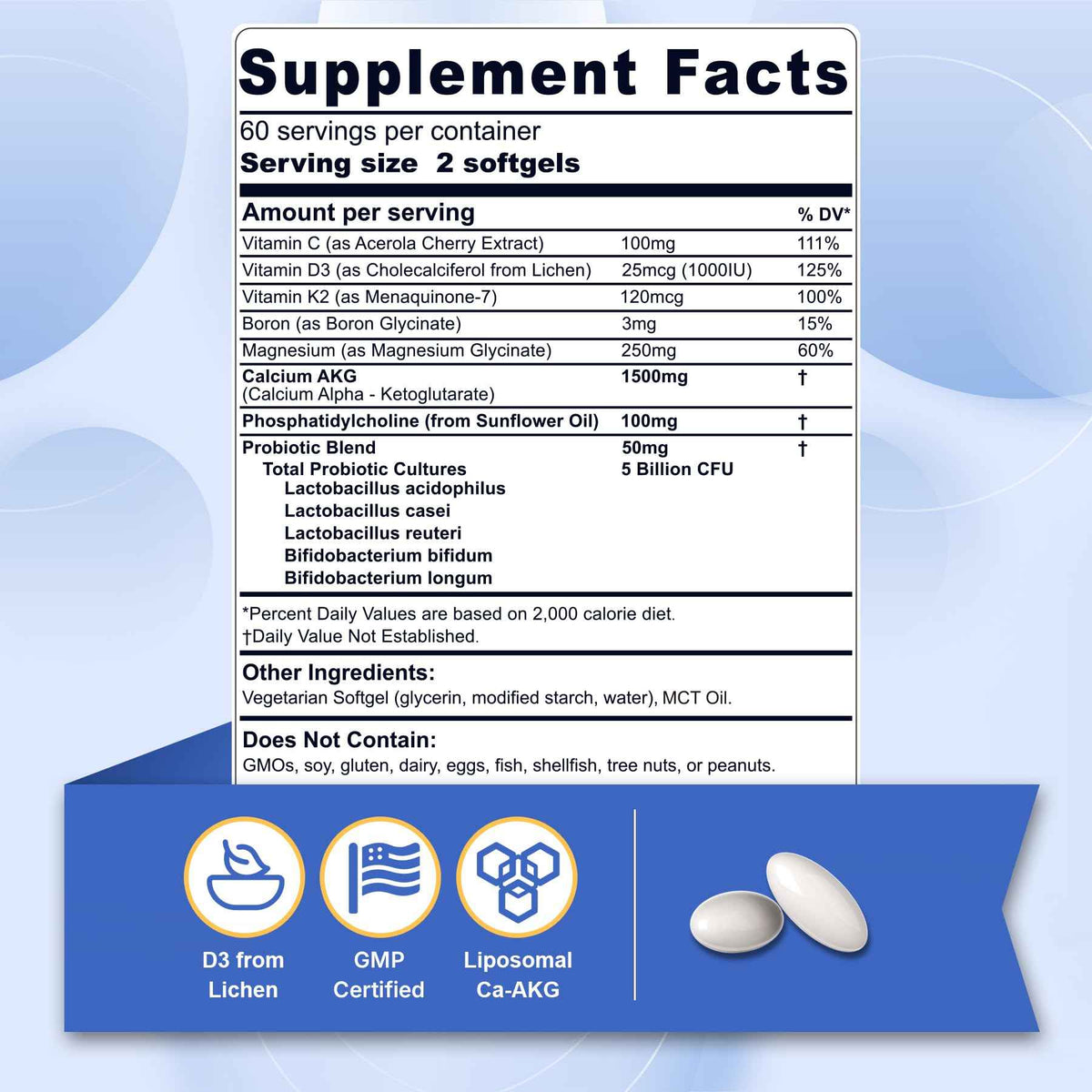 Liposomal Calcium AKG Supplement 1500mg with Vitamin D3 & K2 Softgels for Women & Men│ High Absorption│Calcium Supplements with Magnesium Glycinate, Boron, Probiotics & Vitamin C for Bone - 120 Pills