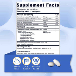 Liposomal Calcium AKG Supplement 1500mg with Vitamin D3 & K2 Softgels for Women & Men│ High Absorption│Calcium Supplements with Magnesium Glycinate, Boron, Probiotics & Vitamin C for Bone - 120 Pills